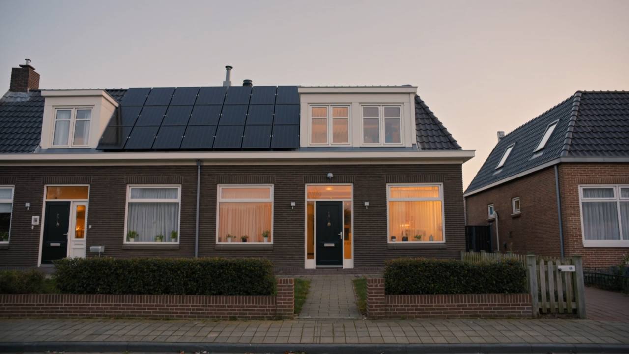 Woning met zonnepanelen in de avondzon